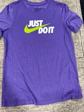 Nike Purple Tee with Lime Swoosh and White Text